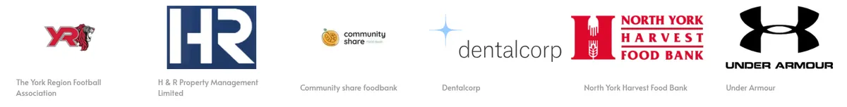 Our donors and partners: York Region Football Association, H&R Property Management Limited, Community Share Foodbank, Dentalcorp, North York Harvest Food Bank, and Under Armour